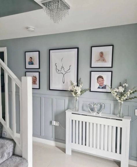 Best panelling ideas for your hallway – Style your Sanctuary Grey Hallway Panelling Ideas, Panelled Wall Hallway, Stair Panelling Colour Ideas, Hallway Ideas Blue, Grey Panelling Hallway, Hallway Wall Color Ideas, Hallway Cladding, Feature Hallway, Panelled Walls Hallway