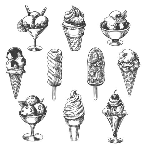 Ice Cream Sketch, Ice Cream Tattoo, Draw Ice Cream, Ice Cream Illustration, Ice Cream Art, Ice Cream Set, Food Sketch, Vintage Ice Cream, Shoulder Tattoos For Women