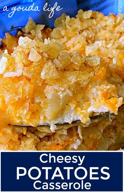 Cheesy Potatoes With Chips On Top, Cheesy Potatoes With Potato Chips, Hashbrown Casserole With Potato Chips, Casseroles With Potato Chips, Potatoe Chips Recipes, Cheesy Potatoes With Shredded Hashbrowns, Casserole With Potato Chips On Top, Recipes Using Crushed Potato Chips, Potato Chip Casserole Recipes