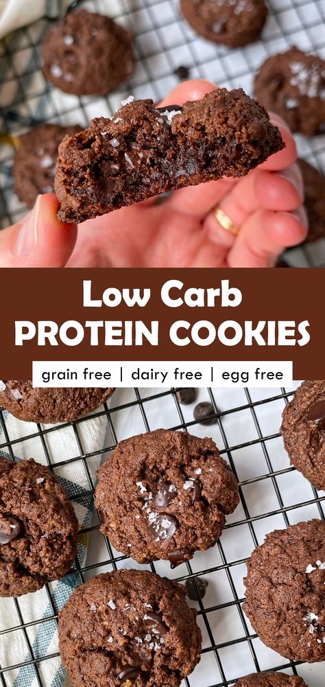 These low carb protein cookies are made with chocolate protein, cacao powder and almond butter. They're low in sugar, grain free, dairy free and egg free. A healthy paleo dessert recipe that's easy to make! #proteincookies #paleocookies #bonebroth #eggfreecookies Chocolate Protein Cookies, Cacao Powder Recipe, Healthy Paleo Desserts, Protein Powder Cookies, Paleo Protein Powder, High Protein Cookies, Dairy Free Protein, Low Calorie Protein, Healthy Cookie