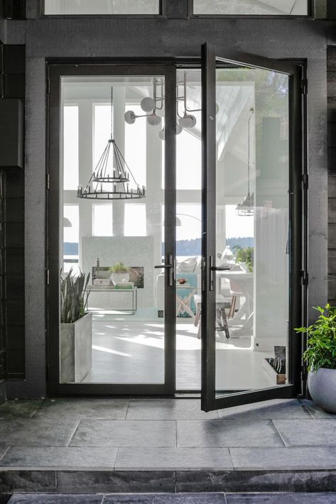 Glass Double Door Design, Glass Breezeway, Moody Modern, Porcelain Pavers, Hgtv Dream Homes, Modern Lake House, Double Door Design, Hgtv Dream Home, Double Front Doors