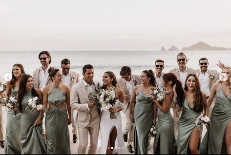 Sage And Sand Wedding, Wedding Inspiration Beach, Sand Groomsmen Suits, Champagne And Green Bridesmaid Dresses, Beach Wedding Bridal Party Attire, Champagne Bridesmaid Dresses With Grooms, Green Bridesmaid Dresses Beach, Destination Wedding Bridesmaid Dresses, Beach Wedding Bridal Party