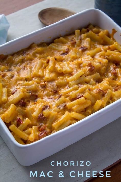 Chorizo Mac & Cheese is spicy and gooey and so satisfying. Take a little help from the store to easily get this on the table on a week night. Spicy Chorizo is studded throughout this simple sauce made with chilli-spiced cheese. Dinner is gonna be awesome. #macandcheeserecipe #chorizorecipe #pastarecipe #easyweeknightdinner Chorizo Pasta, Cheese Puff, Making Mac And Cheese, Chorizo Recipes, Mac Cheese Recipes, Cheesy Recipes, So Satisfying, Simply Recipes, Food Tasting