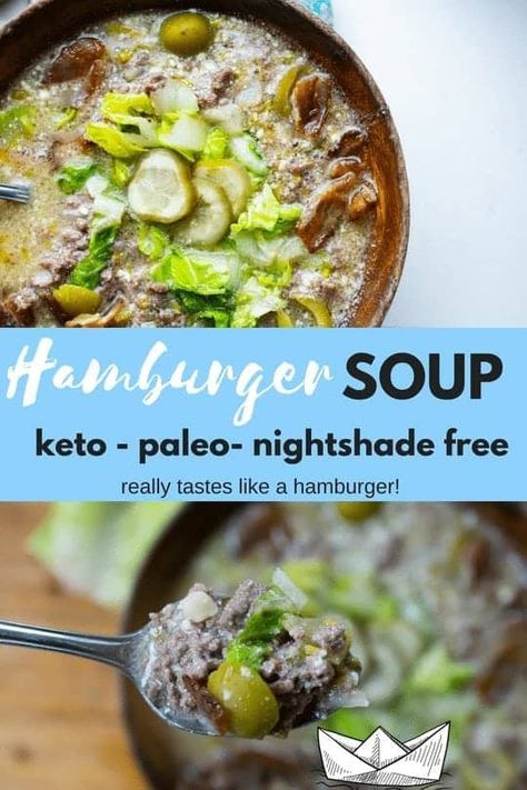 Paleo Hamburger Soup - tastes like a whopper! No joke! It is absolutely comfort food made healthy and anti-inflammatory! #dairyfree #nutfree #nightshadefree #keto #paleo and #whole30 too! Keto Hamburger Soup, Soup Dairy Free, Keto Hamburger, Nightshade Free Recipes, Paleo Soup, Hamburger Soup, Dairy Free Paleo, Keto Soup, Keto Paleo