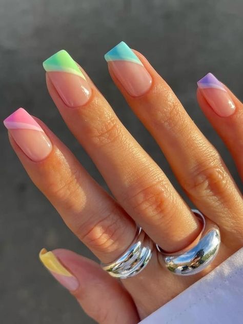 bright multi colored French tips Colored French Nails, Nail Spring, Nail 2024, Spring Rainbow, Summer Nails 2023, Spring Bright, Easter Nail, Easter Nail Designs, Summer Manicure