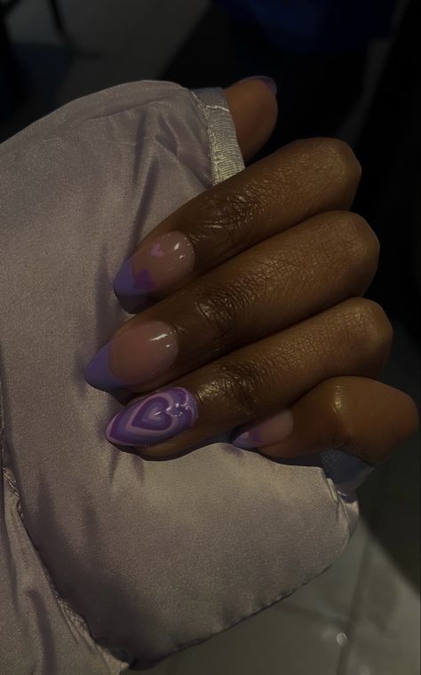 Early Valentines purple hearts set Purple Nails Valentines Day, Guts Olivia Rodrigo Nails, Purple Hearts Nails, Olivia Rodrigo Concert Nails, Olivia Rodrigo Inspired Nails, Purple Nails Heart, Purple Nail Designs Almond, Olivia Rodrigo Nail Inspo Guts, Guts Tour Nails