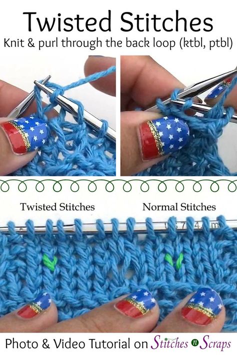 Add texture to your knitting with twisted stitches! Learn to knit through the back loop (ktbl) and purl through the back loop (ptbl) in this photo and video tutorial. #knit #knitting #knittingtutorial #twistedstitches #ktbl #ptbl #stitchesnscraps Twisted Stitch Knitting, Knit Through Back Loop, Twisted Knit Stitch, Tutorial Knitting, Knit Purl Stitches, Candy Arrangements, Knitting Hacks, Learn To Knit, Knitting Group