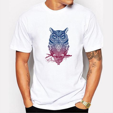 Summer Casual Tee Top Owl Printing Round Neck Short sleeve T-shirt for Men Owl Shirt, Short Men Fashion, Summer Attire, Funny Tee Shirts, Owl Print, Printed T Shirts, Pattern White, Home T Shirts, T Shirt Vest