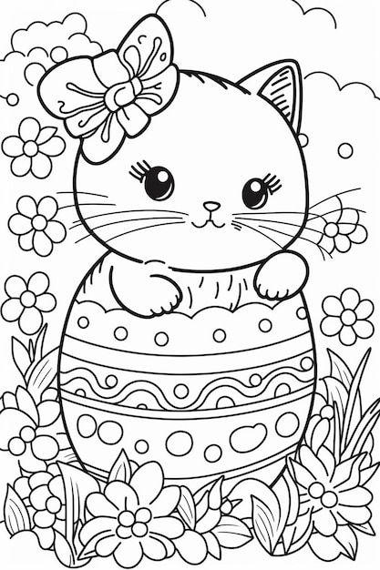 A Coloring Page, Surrounded By Flowers, Easy Drawing, Card Banner, Poster Invitation, An Egg, Cat Sitting, Cartoon Clip Art, Colouring Pages