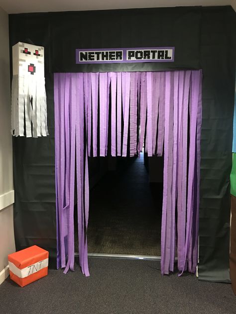 Nether Portal, ghast, and TNT Minecraft Nether Birthday Party, Nether Portal Birthday Party, Nether Portal Party, Nether Portal Decoration, Minecraft Trunk Or Treat Ideas, Minecraft Party Diy, Minecraft Party Ideas Decoration, Nether Portal Room, Cricut Minecraft