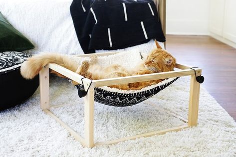 DIY free standing kitty hammock of wood Cat Hammock Tutorial, Hammock Stand Diy, Diy Cat Hammock, Cat Feeding Station, Diy Cat Bed, Katt Grejer, Diy Hammock, Cats Diy Projects, Hammock Bed