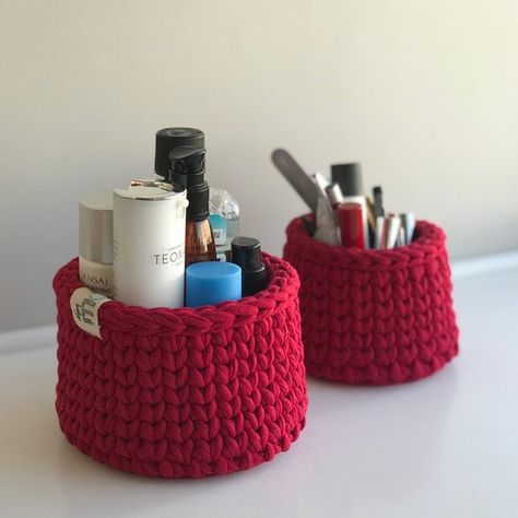 Red crochet basket | Bathroom storage Makeup organizer Jewelry organizer Inspirational womens gift S Basket Bathroom Storage, Crochet Photography, Basket Bathroom, Blue Nursery Decor, Bathroom Basket Storage, Big Basket, Organizer Jewelry, Red Crochet, Baby Soft Toys