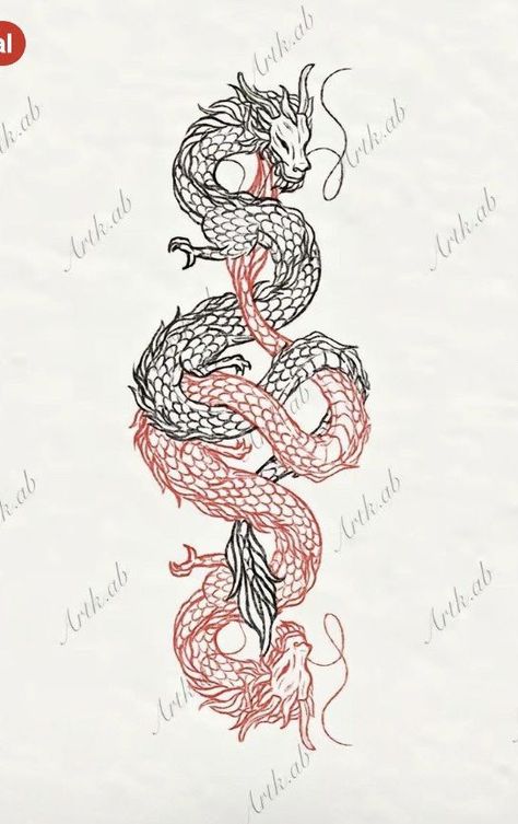 Dragon Tattoo On Leg For Men, Dragon Tattoo Black Red, Red And Black Dragon Tattoo For Women, Dragon And Rose Tattoo Design, Spiral Dragon Tattoo, 2 Dragons Tattoo Back, Red And Black Dragon Back Tattoo, Chinese Dragon Tattoo For Women Back, Red And Black Chinese Dragon Tattoo