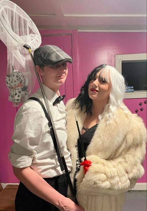 Mens Cruella Deville Costume, Cruella Deville And Jasper Costume, Cruella Henchman Costume, Cruella And Dog Catcher Costume, Cruella White Cloak, Cruella Deville And Dog Catcher, Devil Dogs, Cruella Deville, Couple Costume