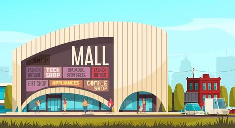 Shopping mall outside composition mall b... | Free Vector #Freepik #freevector #building #shopping #wall #tag Mall Outside, Mall Building, Mall Background, Cartoon Building, Tree Costume, Pools Backyard, Mall Design, Building Drawing, Presents For Boys