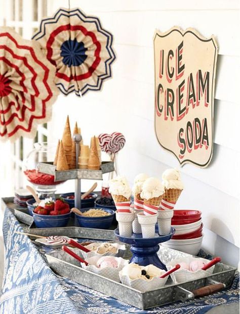 Red White And Blue Decorations, Blue Decorations, Ice Cream Bar, July Ideas, Summer Loving, Ice Cream Social, Fourth Of July Decor, 50's Style, 4th Of July Celebration