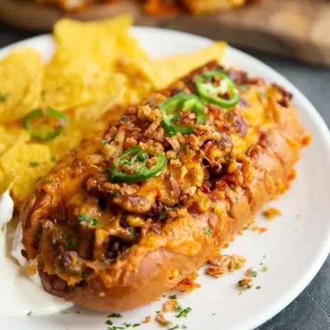 Next Level Chili Cheese Dogs | Don't Go Bacon My Heart Chili Cheese Dog Recipe, Chilli Cheese Dogs, Baked Chili Cheese Dogs, Sausage Tray Bake, Chili Dog Chili Recipe, Hot Dogs Recipes, Cheese Homemade, Chili Cheese Dogs, Hot Dog Chili