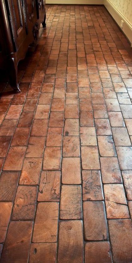 Diy Cheap Wood Floors, Wood Block Flooring Diy, Faux Cobblestone Floor, Repurpose Hardwood Flooring, Wood Block Floor, Pallet Board Flooring, Budget Friendly Flooring Ideas, Pallet Wood Floor, Cottagecore Flooring