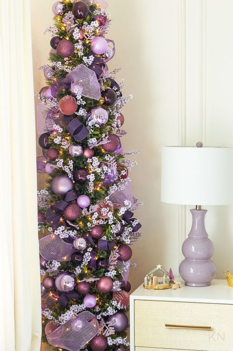 2022 Christmas Home Tour - Kelley Nan Purple Pink Christmas Tree, Lilac Christmas Tree, Purple Christmas Decor, Purple Christmas Tree Decorations, Advent Decor, Purple Christmas Decorations, Pink Christmas Tree Decorations, Christmas Window Boxes, Purple Christmas Tree