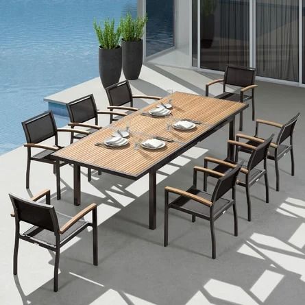 Latitude Run® Cesilia Extendable 8 - Person Outdoor Dining Set, Patio Table set with Aluminum Frame, FSC Teak Tabletop | Wayfair 8 Person Outdoor Dining Table, Modern Patio Dining Set, 5 Piece Outdoor Dining Set, 6 Person Patio Dining Set, Teak Patio Dining Set, Outdoor Dining Table Setting, Patio Table Set, Teak Outdoor Furniture, Teak Frame