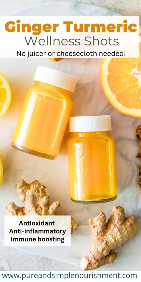 These are the best homemade ginger turmeric shots! This easy recipe is made with simple ingredients including orange juice, lemon juice, fresh ginger, fresh turmeric and honey and you don't need a juicer or cheesecloth to make them. These shots can help decrease inflammation and boost your immune system and have many other potential health benefits including helping decrease pain and cholesterol levels. They can also aid digestion and are great for gut health. Ginger Shot Recipe, Turmeric Shots, Turmeric And Honey, Wellness Shots, Ginger Shot, Fresh Turmeric, Ginger Turmeric, Egg Diet, Shot Recipes