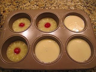 Mini pineapple upside down cakes: Pineapple slice, cherry, brown sugar, batter. Perfect for an Easter dessert table. Publix Cake, Pineapple Upside Down Cakes, Mini Pineapple Upside Down Cakes, Upside Down Cakes, Pineapple Upside Down Cupcakes, Candy Lollipops, Christmas Bazaar, Mini Torte, Car Things