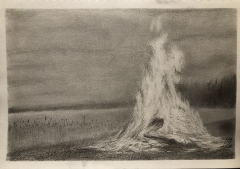 Bonfire Flame Drawing, Fire Drawing, Drawing Charcoal, Landscape Drawings, Charcoal Drawing, Art Sketches, Sketch Book, Drawings, Art