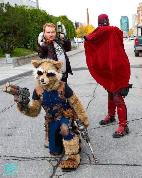 Name a better trio...we'll wait.  📸 ooc_photography  Star-Lord @torontopeterquill  Deadpool @lethal_santa  Rocket Raccoon @darrylanimation Suit by @costumereplicacave Mask by @beastworksfx   . #starlord #deadpool #deadpool2 #rocketraccoon #marvel #marvelcosplayers #cosplay #cosplayers #marvelcomics #chrispratt #guardiansofthegalaxy #avengers #Avengersendgame #starlordcosplay #GOTG #Disney #MCU #sonywalkman #marvelstudios #wadewilson #rocketracoon #trashpanda Guardians Of The Galaxy Costume, Rocket Guardians Of The Galaxy, Rocket Raccoon Costume, Rocket Raccoon Cosplay, Galaxy Costume, Rocket Costume, Star Lord Cosplay, Raccoon Costume, Disneyland Halloween