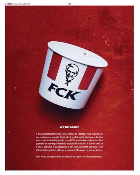 Alex Goy on Twitter: "KFC's 'our bad' ad is brilliant.… " Advertisement Examples, Good Advertisements, Digital Campaign, Great Ads, Fast Food Chains, Food Ads, Poster Design Inspiration, Print Advertising, Creative Ads