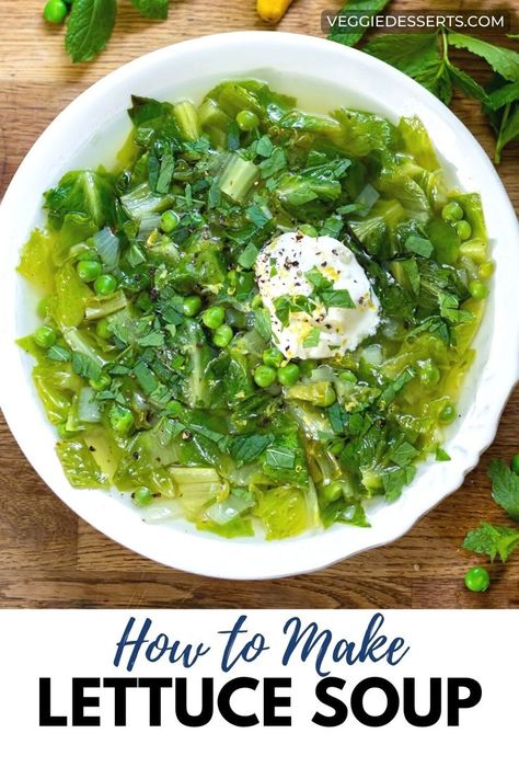 Wooden table with a bowl of lettuce soup. What To Do With Leftover Lettuce, Leafy Green Soup Recipe, Lettuce Soup Recipes, Leftover Lettuce, Garden Lettuce, Lettuce Soup, Lettuce Sandwich, Simple Soups, Lettuce Recipes