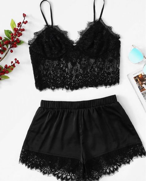 Top In Pizzo, Lace Nightwear, Lace Trim Shorts, Satin Shorts, Short Pj Set, Lace Cami Top, Lace Lingerie Set, Women Nightwear, Cardigan Fashion