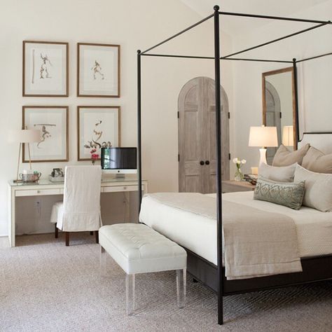 Remember this room redo we did a month or so ago? Well we're talking about that gorgeous tufted bench with lucite legs today on the blog. $2606 vs $299 pretty huge savings wouldn't you agree?  #CopyCatChic Four Poster Bed, Four Poster, Poster Bed, Neutral Bedroom, Romantic Bedroom, Room Redo, Dreamy Bedrooms, Canopy Bed, White Furniture