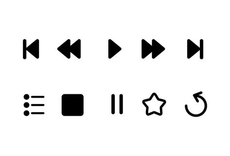 Media player icons set. Music, interface, design media player buttons collection. Play, pause, stop, replay, playlist, favorit, next, previous, rewind. Vector illustrations. Play Button Tattoo, Play Pause Tattoo, Play Music Icon, Play Pause Stop Rewind Tattoo, Play Pause Button, Playlist App, Playlist Design, Playlist Icons, Buttons Collection