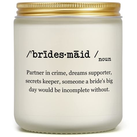 PRICES MAY VARY. Bridesmaids Proposal Gifts: With its funny saying, this bridesmaid candle is a special way to show how much your loved ones mean to you when asking them to take on this meaningful and large task. Unique and sweet, it's a creative way for bride and groom to invite your best friends, bestie, sister, sister-in-law, coworker, bff, women, daughter,or aunt to be a part of your big day. Maid of Honor Gifts: Thoughtful first and practical second, the sentimental candle is the perfect co Bridal Party Bachelorette, Bridesmaids Ideas, Bridesmaid Candle, Bridesmaids Proposal, Bridesmaid Funny, Proposal Boxes, Gifts For Wedding, Lavender Scented Candle, Maid Of Honor Gift