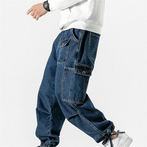 This item is for one pair of pants. Men Cargo Pocket Jeans Retro Denim Pants Elastic Waist Hip Hop Trousers Loose Please note this is in Asian sizing, smaller than western size e.g. UK, US, AU. Please check the measurements carefully before making a purchase. If you are not sure which size to buy, please provide height and weight, we will recommend a suitable size. Please allow 2-3cm discrepancy due to different measurement method. Material: cotton blend Color: blue M: length 94cm/ 37.0 in , wai Denim Pants Men, Hip Hop Trousers, Baggy Trousers, Pants Elastic Waist, Jeans Cargo, Sporty Casual, Streetwear Men, Blue Trousers, Long Trousers