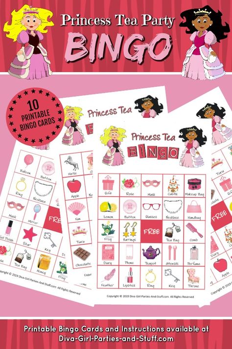 10 printable princess tea bingo cards and draw cards. Barbie Bingo Free Printable, Barbie Birthday Party Games Free Printable, Princess Tea Party Games, Princess Bingo Printable Free, Girls Tea Party Birthday Games, Princess Bingo, Tea Party Bingo, Christmas Trivia Game, Printable Bingo Games