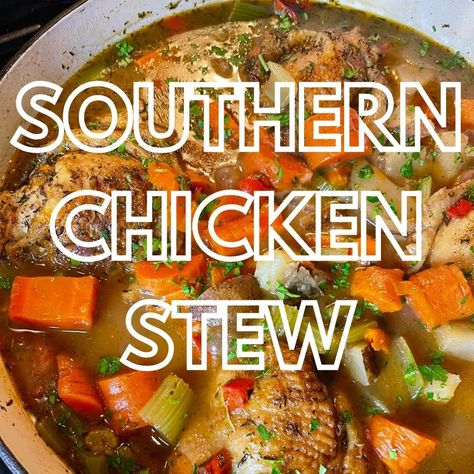 Stew Chicken Recipe Southern Crockpot, Hearty Chicken Stew, Southern Style Chicken Stew, Chicken Stew Recipe Stove Top, Stewed Chicken Southern, Stew Chicken Recipe Southern, Chicken Booyah Recipe, Southern Chicken Stew Recipe, Southern Chicken Stew