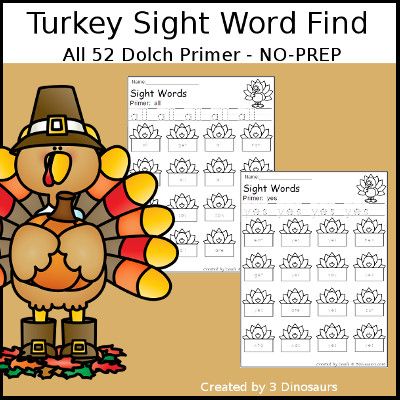 Primer Sight Words, Turkey Theme, Turkey Activity, 3 Dinosaurs, Sight Words Printables, First Grade Sight Words, Thanksgiving Activities For Kids, Dolch Sight Words, Kid Hacks