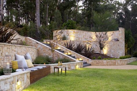 Backyard Hill Landscaping, Sloped Backyard Landscaping, Sloped Yard, Sloped Backyard, Landscaping Retaining Walls, Tiered Garden, Hillside Landscaping, Sloped Garden, Timber Deck