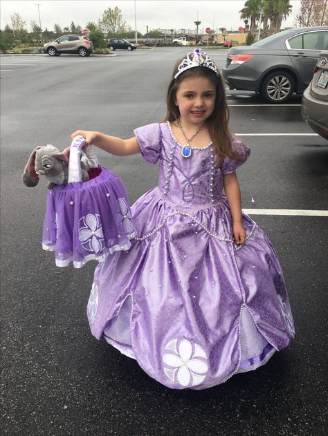 Sofia the first and Halloween basket Sofia The First Outfit Ideas, Sofia The First Cosplay, Sophia The First Costume, Sofia The First Costume, Aurora Halloween, Sofia The First Dress, Sofia Costume, 2nd Birthday Party For Girl, Halloween Basket