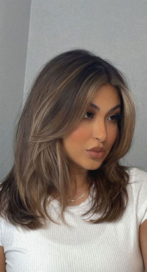 medium layers, medium layered haircut, curtain bangs, haircut with curtain bangs, medium layered haircut with bangs Curtain Bangs Medium Hair Highlights, Balayge Curtain Bangs Brown Hair, Dark Brown Hair With Highlights And Curtain Bangs, Medium Brown Hair Curtain Bangs, Curtain Bangs Balayage Brown Hair, Medium Hair Cuts Curtain Bangs, Medium Short Layered Hair With Curtain Bangs, Hailey Bieber Curtain Bangs, Brown Balayage With Curtain Bangs