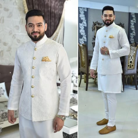 Fayyaz Ejaz in a #white #embroidered #waistcoat paired with straight pajamas and a short kurta at his #nikkah by #NomiAnsari Waistcoat Men Wedding, Nikkah Ideas, Nikkah Outfit, Embroidered Waistcoat, Mens Indian Wear, Sherwani For Men Wedding, Kurta Pajama Men, Stylish Men Wear, Groom Dress Men