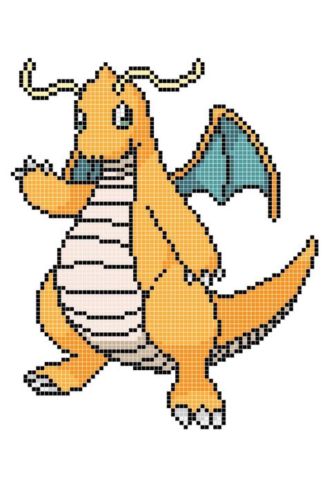 Dragonite Cross Stitch, Dragonite Perler Beads, Pokemon Perler, Pokemon Pixel, Pokemon Cross Stitch, Pixel Art Pokemon, Pokemon Pattern, Pokemon Perler Beads, Pokemon Craft