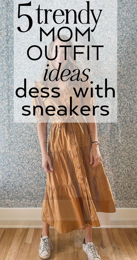 5 Fall Outfit Ideas for moms who want to look cozy and trendy! Try these super cute dress with sneakers outfits for your fall wardrobe in 2024! Fall Sundress Outfit, Fall Dresses With Sneakers, Cute Dress With Sneakers, Fall Midi Dress Outfit, Dresses With Sneakers Outfit, Fall Outfits With Sneakers, Mom Fall Outfits, Trendy Mom Outfits Fall, Dresses With Sneakers