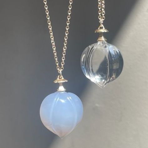 Hand-carved Hickory Nut Pendants in Clear Crystal & Blue Chalcedony by Gabriella Kiss. Gabriella Kiss, Faberge Jewelry, Diamond Pendants Designs, Multicolor Jewelry, Carved Pendant, Sweet Jewelry, Indie Jewelry, Dope Jewelry, Crystal Blue