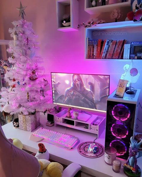 Pc Games Setup, Up Aesthetic, Gaming Desk Setup, Office Aesthetic, Pink Games, Apartment Makeover, Led Light Strip, Anime Room, Gaming Room Setup