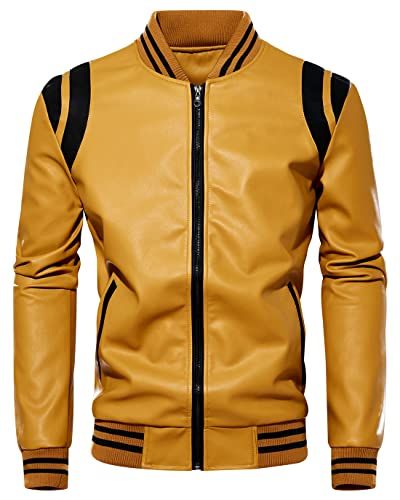 chouyatou Men's Casual Color-Block Patches Full Zip Fleece Lined Pu Leather Varsity Bomber Jacket Leather Baseball Jacket, Jaket Motor, Faux Leather Jacket Men, Jacket For Spring, Classic Leather Jacket, Collar Leather Jacket, Faux Leather Biker Jacket, Biker Leather, Leather Biker Jacket