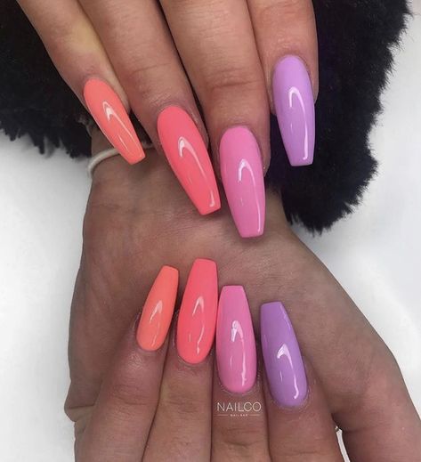 Multi Colored Nails Coffin, Two Nail Colors, Pink And Purple Coffin Acrylic Nails, Vibrant Nails, Simple Acrylic Nails, Summer Acrylic Nails, Pastel Nails, Pink Acrylic Nails, Coffin Nails Designs