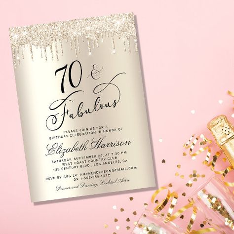 70 Fabulous Gold Glitter 70Th Birthday Party Invitation #zazzle #weddinginvitations #birthdayinvitations #babyshowerinvitations #zazzleinvitations #monogram #businesscards #graduation #homedecor Elegant Birthday Invitations, Foil Background, 70th Birthday Party, 60th Birthday Party Invitations, Glitter Birthday Parties, 80th Birthday Invitations, 50th Birthday Party Invitations, Birthday Party Design, 60th Birthday Invitations