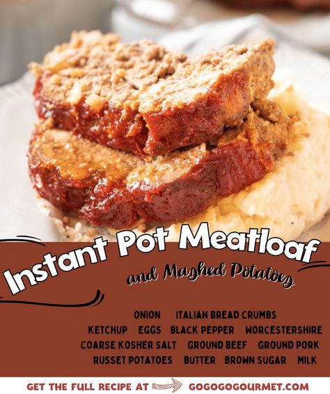 This easy Instant Pot Meatloaf and Mashed Potatoes recipe is the best! It's an easy way to make an entire comfort food meal in under an hour! After you've tried it, this will be the only meatloaf recipe you'll ever use! Pressure cooking has never been so easy! #gogogogourmet #instantpotmeatloaf #meatloafandmashedpotatoes #easyinstantpotrecipes #comfortfoodrecipes via @gogogogourmet Meatloaf And Mashed Potatoes, Instant Pot Meatloaf, How To Cook Meatloaf, Mashed Potatoes Recipe, Potato Onion, Brown Gravy, Meatloaf Recipe, Electric Pressure Cooker, Easy Instant Pot Recipes